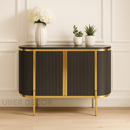 Odessa Entryway Table – Wood Cabinet with Gold Frame & Ribbed Doors Mid‑Century Modern Accent