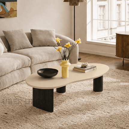 Tangon Mid Century Modern Japandi Coffee Table with Organic Freeform Wooden Top and Wooden Block Legs for Living Room