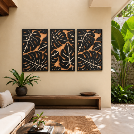 Tropical Leaf Trio Boho Wooden Wall Art Set of 3 – Botanical Panels