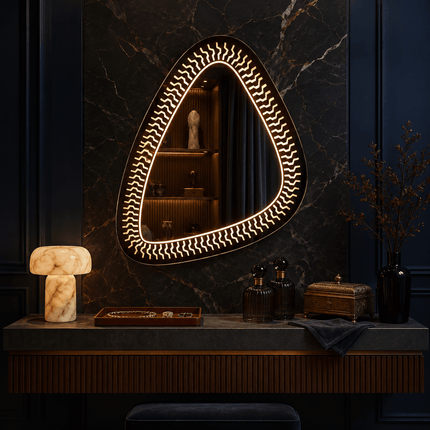 Trikon Geometric LED Mirror – Frameless Wall Hanging Mirror with Front or Back Lit for Vanity & Bathroom