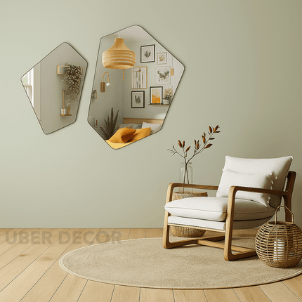 Geometric Frameless Wall Mirror Set of 2- Hexagon Shaped Abstract Modern Stylish Designer Mirrors for Wall Decor