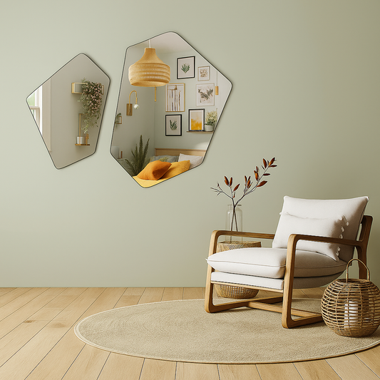 Geometric Frameless Wall Mirror Set of 2- Hexagon Shaped Abstract Modern Stylish Designer Mirrors for Wall Decor