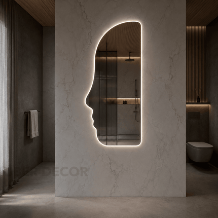 Persona Face Silhouette Frameless LED Wall Mirror with Front or Back Lit for Bedroom Vanity and Modern Interiors