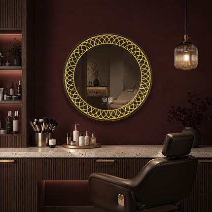 Mandala Round Frameless Front or Backlit Mirror with LED Lights- Touch Sensor Mirror for Bathroom and Bedroom