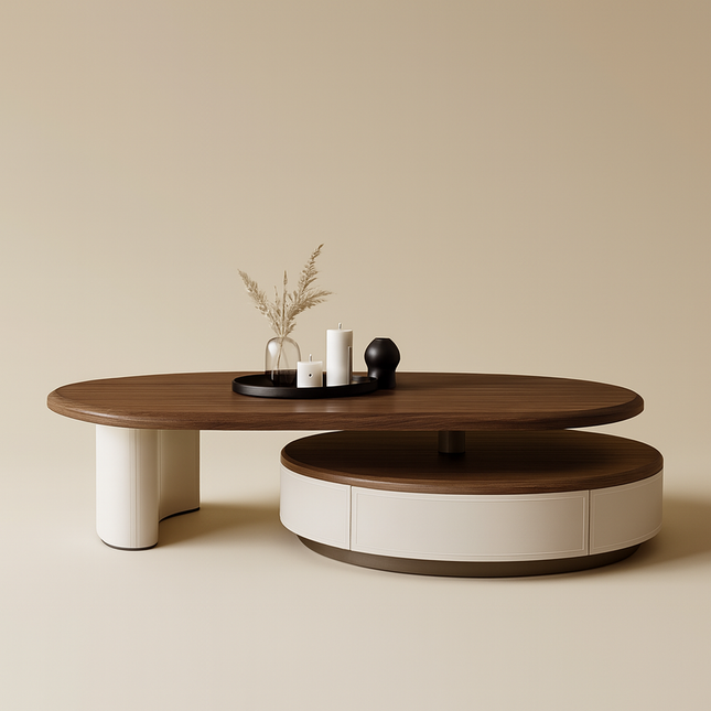 Aldan Dual Layer Functional Mid Century Modern Contemporary Coffee Table Scandinavian Design Solid Wood Top Cylindrical Base Matte Finish Round Center Table for Reception Area