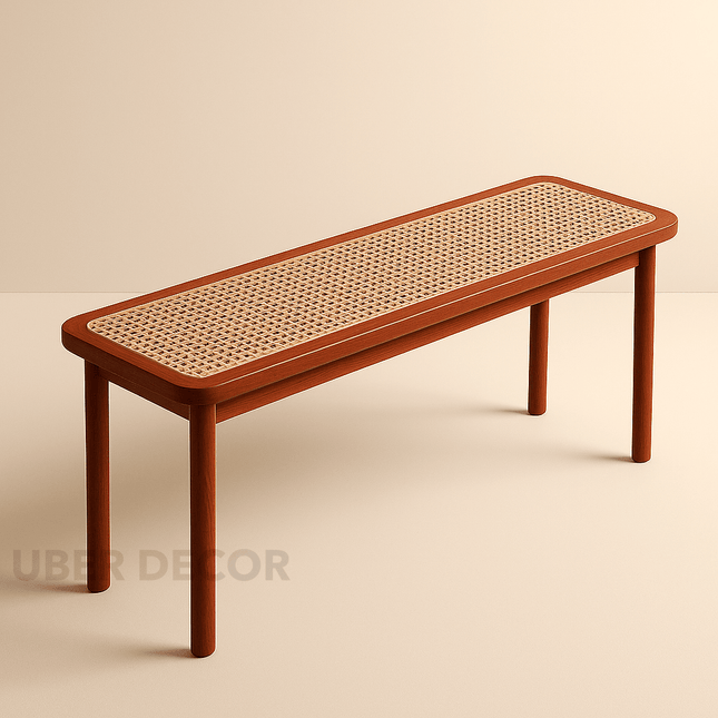 Vedra CaneCraft – Mid-Century Indian Inspired Bench with Rattan Top | Entryway Seating Furniture for Hallway, Lounge, or Restaurant Use