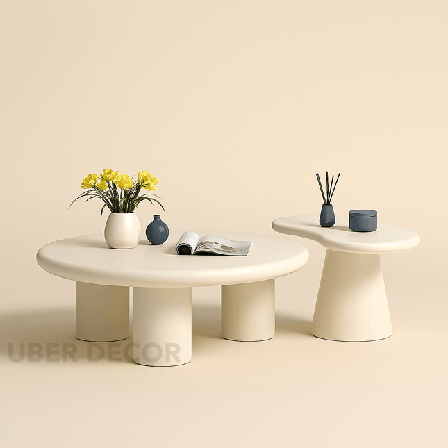 Tisza Cream Cloud Coffee Table Set – Round MDF Tops with Soft Edges and Nesting Design – Minimalist Accent Furniture for Small Apartments and Modern Living Rooms