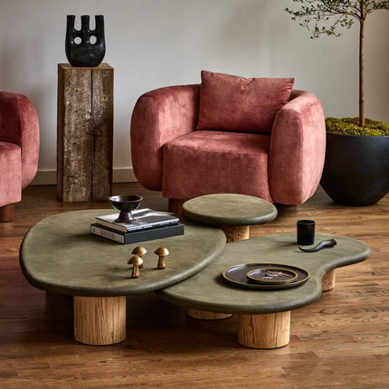 Kama Multi Tier Functional Mid Century Modern Japandi Coffee Table Scandinavian Organic Freeform Top Natural Wood Cylindrical Legs Matte Finish Center Table for Living Room
