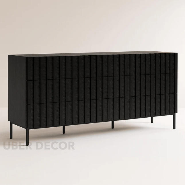 Raven Noir 9-Drawer Contemporary Japandi Black Oak Cabinet with Textured Front & Metal Legs for Living Room, Bedroom, Office & Entryway