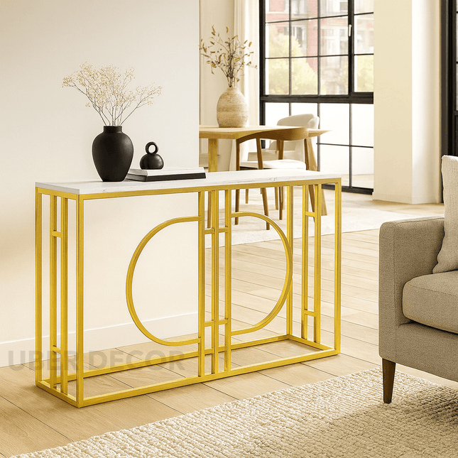 Helio Spectrum Mid-Century Modern Display Table – Customizable Marble Top with Sculptural Gold Base for Hallway or Living Room