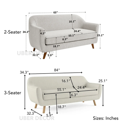 Aroha 2 or 3 Seater Curved Loveseat Modern Minimalist Sofa with Tapered Legs for Living Room