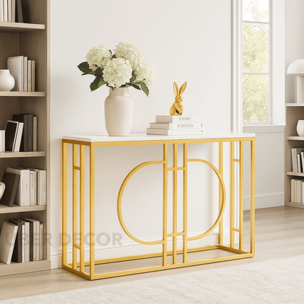 Helio Spectrum Mid-Century Modern Display Table – Customizable Marble Top with Sculptural Gold Base for Hallway or Living Room