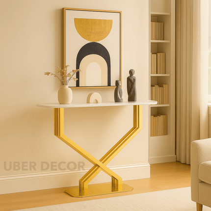 Astra Crossline Side or Console Table – Custom Black or White Marble Top with Gold X‑Frame Mid‑Century Glam For Hallway & Entryway
