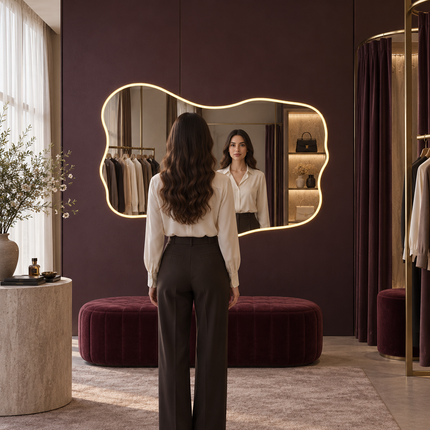 Elio Frameless LED Vanity Mirror with Wide Wavy Design Available in Front or Back Lit for Modern Interiors
