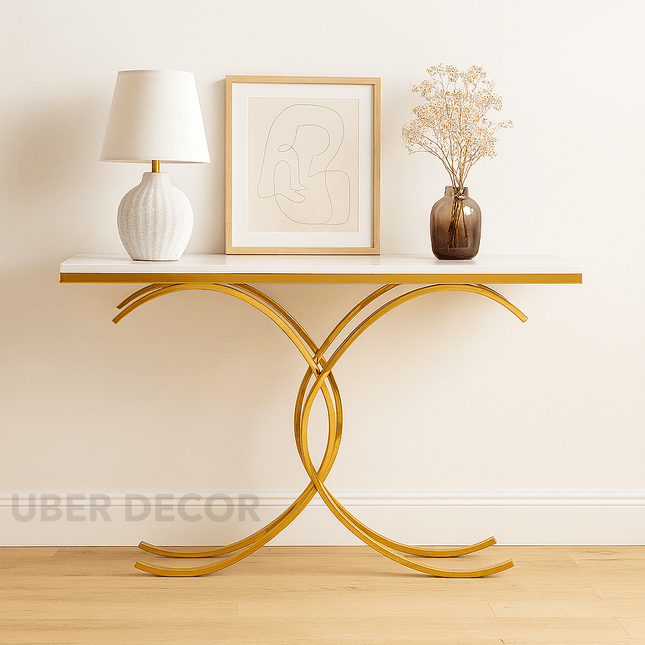 Orion Loop Display Table – Customizable Marble Top with Interlocking Gold Arch Base | Mid‑Century Modern Accent