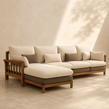 Duncan 4-Seater Japandi Style Wooden Frame L Shaped Sofa with Lounger for Living Room