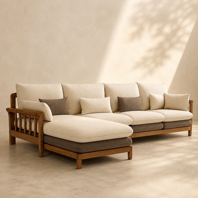 Duncan 4-Seater Japandi Style Wooden Frame L Shaped Sofa with Lounger for Living Room