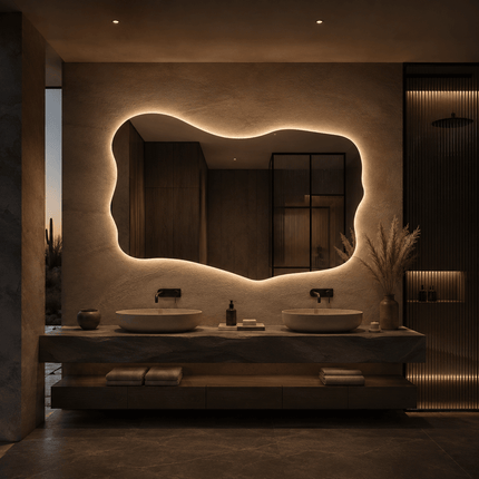 Elio Frameless LED Vanity Mirror with Wide Wavy Design Available in Front or Back Lit for Modern Interiors
