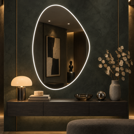 Celia Pebble-Shaped LED Mirror – Frameless Wall Hanging Mirror with Front or Back Lit for Vanity & Bathroom