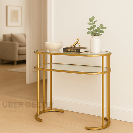 Elara Duo Side Table – Clear Glass Tops with Gold Stainless Steel Base for Living Rooms & Entryways