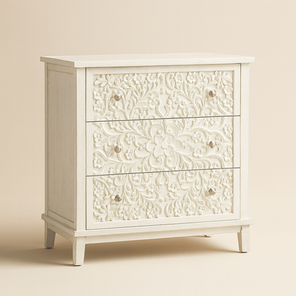 Ivory Bloom 3-Drawer Chest – Hand-Carved Floral Solid Wood Cabinet, French Vintage Whitewash Finish, Customizable – Bedroom, Entryway & Living Room