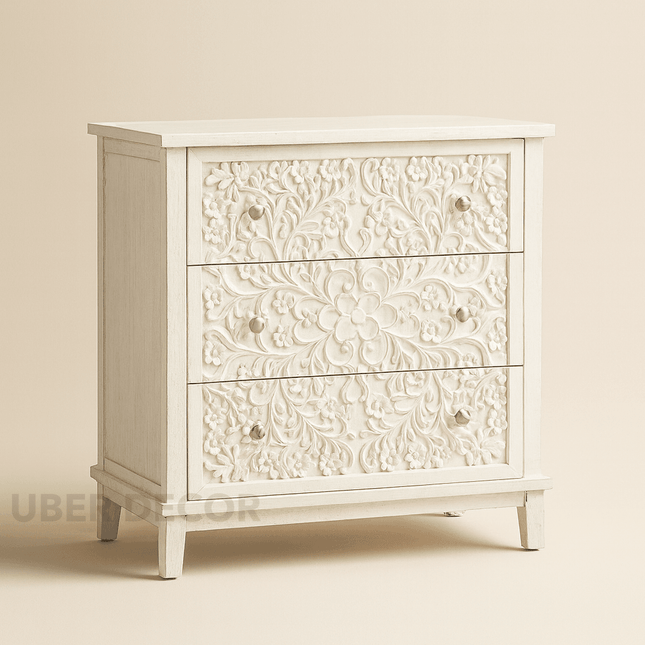 Ivory Bloom 3-Drawer Chest – Hand-Carved Floral Solid Wood Cabinet, French Vintage Whitewash Finish, Customizable – Bedroom, Entryway & Living Room