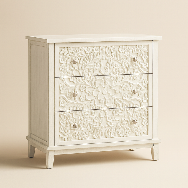 Ivory Bloom 3-Drawer Chest – Hand-Carved Floral Solid Wood Cabinet, French Vintage Whitewash Finish, Customizable – Bedroom, Entryway & Living Room