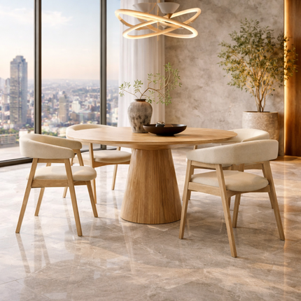 Crestara Round Solid Wood Dining Table Scandinavian Japandi Pedestal Base Minimalist Dining Table for Dining Room