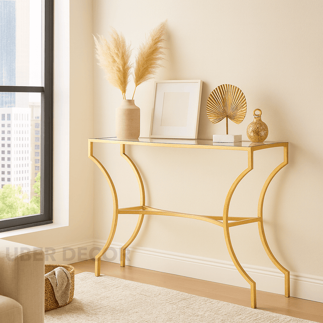 Aurion Display Table – Elegant Glass Top with Sculptural Gold Metal Base for Hallways, Entryways & Living Rooms