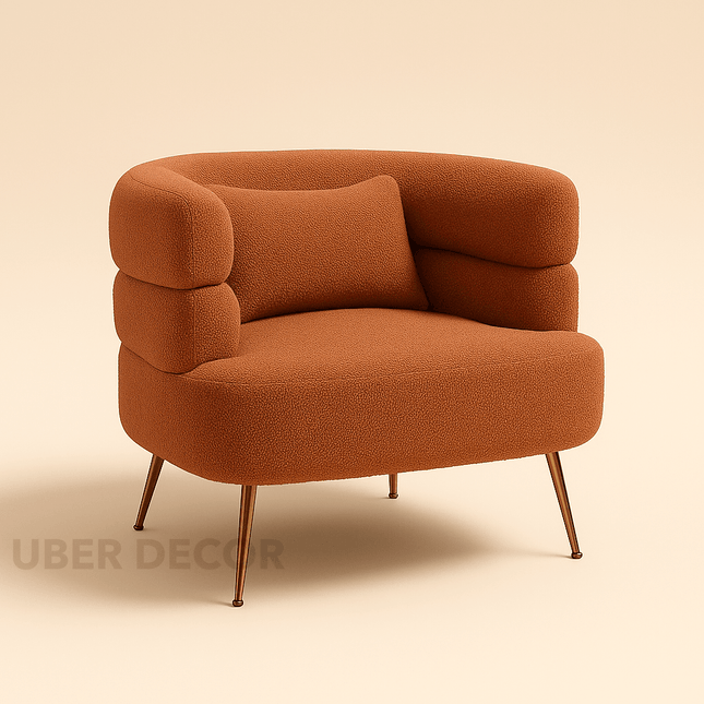 Fayra- Wide Base Vintage Boucle Arm Accent Chair With Lumbar Pillow And Metal Legs