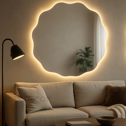 Scallop Serenity Asymmetric Frameless Round Wall Mirror- Aesthetic Ripple Shaped Circular Mirror for Wall Decor