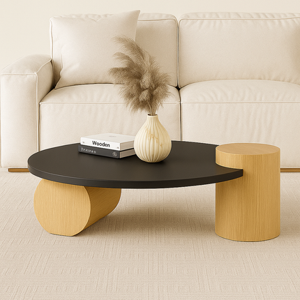 Chenab River Round Coffee Table, Mid Century Modern Minimalist Wooden Center Table for Living Room
