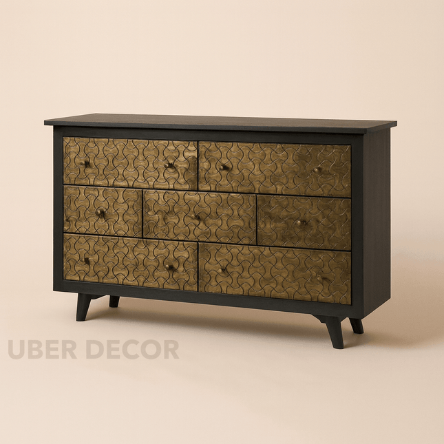 Lume Brasswave Mid Century Indian Solid Wood Chest – Charcoal Finish, Hand-Carved Brass, 7-Drawer Storage