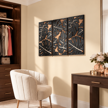 Tropical Leaf Trio Boho Wooden Wall Art Set of 3 – Botanical Panels