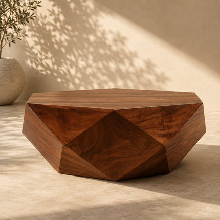 Liffey Wabi-Sabi Modern Japandi Coffee Table – Sculptural Geometric Polygonal Wooden Center Table for Living Room