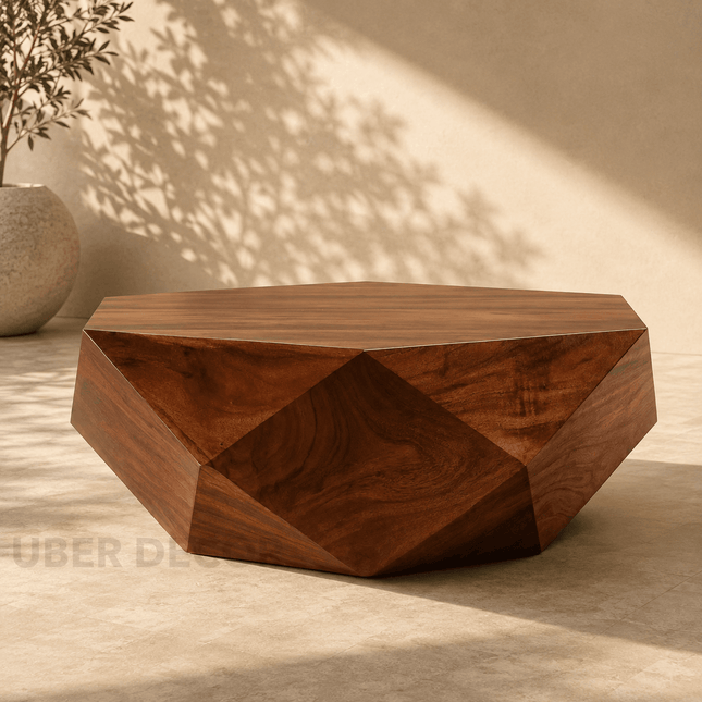 Liffey Wabi-Sabi Modern Japandi Coffee Table – Sculptural Geometric Polygonal Wooden Center Table for Living Room