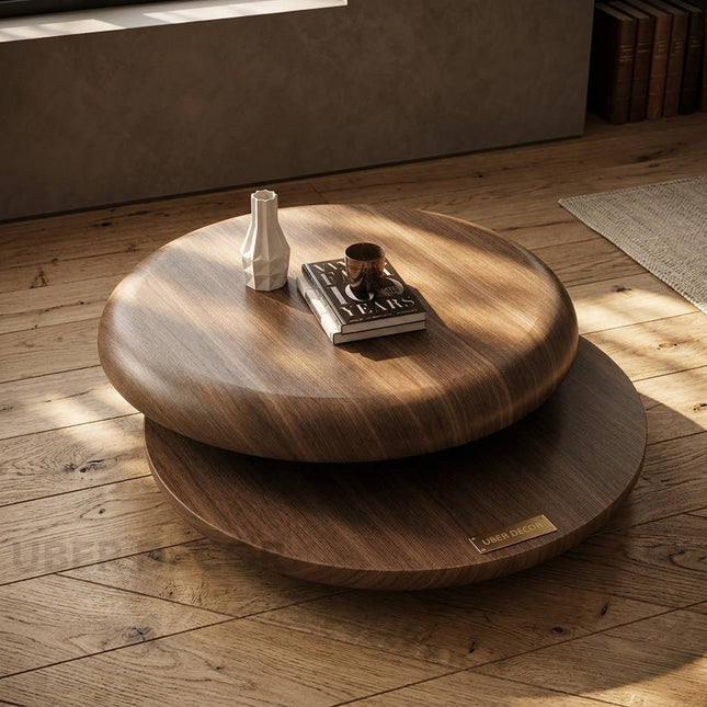 Niari round double layer coffee table in solid wood modern center table for family room seating area and contemporary interiors