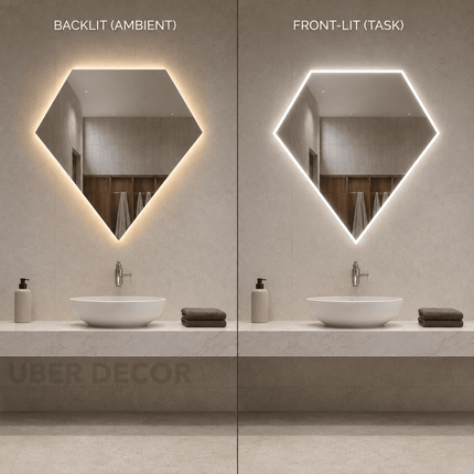 Gemma Diamond-Shaped LED Mirror – Frameless Wall Hanging Mirror with either Front or Back Lit for Vanity & Bathroom