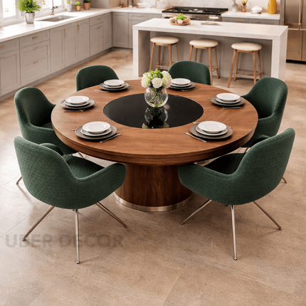 Halo Round Wooden Dining Table with Central Glass Inlay with Solid Pedestal Base for Dining Room