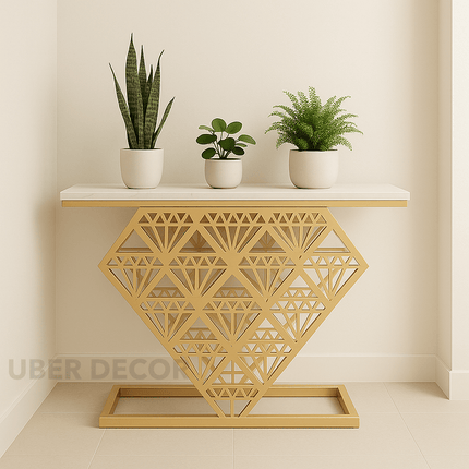 Zephyr Luxe Prism Console Table – Black Stone Top with Geometric Gold Metal Base Mid-Century For Modern Hallway & Entryway