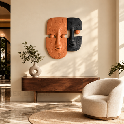Dual Mask Rhythm Boho 3D Face Wall Art – Sculpture for Living Room