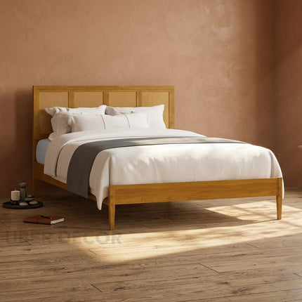 WillowNest Wabi-Sabi Rattan Slat Platform Bed – Japandi Customisable Wooden Bed for Contemporary Apartments