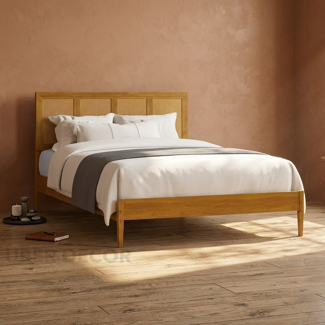 WillowNest Wabi-Sabi Rattan Slat Platform Bed – Japandi Customisable Wooden Bed for Contemporary Apartments