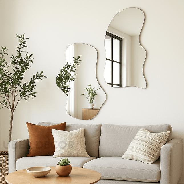 Wavy Elegance Set of 2 Frameless Asymmetric Mirrors- Unique Wavy Aesthetic Decorative Mirror for Living Room