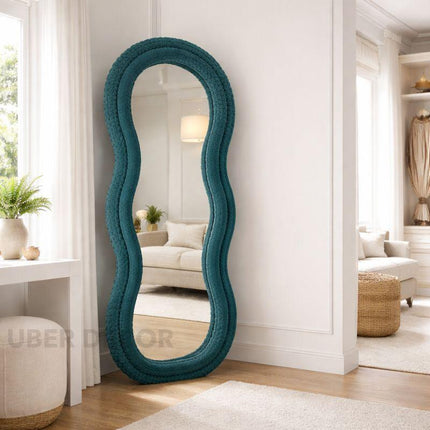 Velvet Wave Irregular Wall Mirror - Upholstered Suede Velvet Frame, Asymmetric Full-Length Body Mirror for Modern Home Decor