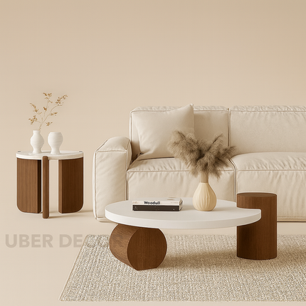 Chenab River Round Coffee Table, Mid Century Modern Minimalist Wooden Center Table for Living Room