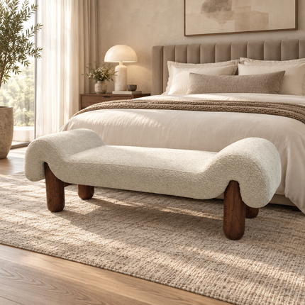 Nola Curve – Modern Sculptural Boucle Bench Ready to Ship Luxury End-of-Bed & Accent Bench for Bedrooms, Living Rooms and Lounges