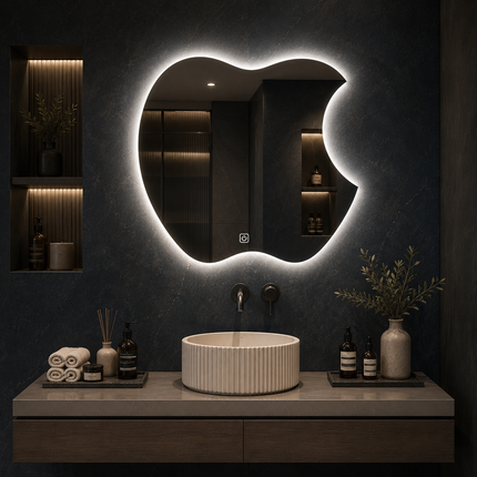 Miravelle Apple-Shaped Frameless Front or Backlit LED Mirror For Bathroom Vanity or Makeup Room