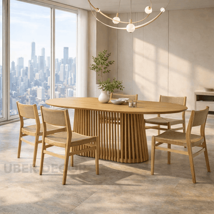 Kael Dining Table Japandi Scandinavian Design with Slatted Wooden Pedestal Base and Oval Top for Dining Room