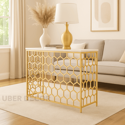Honeycomb Luxe Entryway Console – Custom Top in Wood or Marble with Hexagonal Metal Frame Mid‑Century Glam Accent